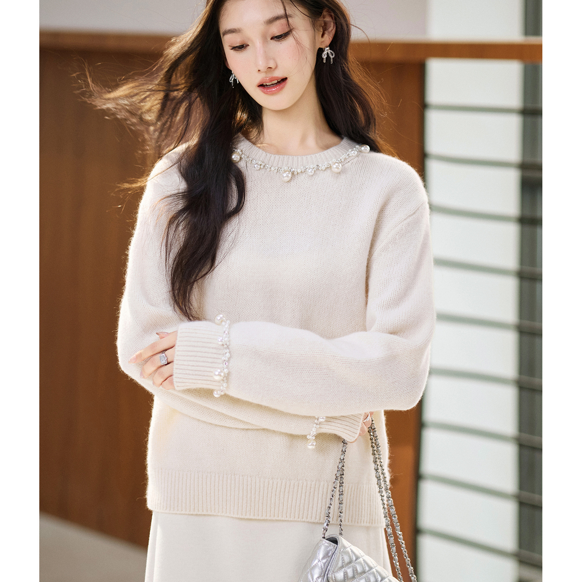 【黛芙妮针织】高支羊毛兔毛 法式优雅珍珠经典宽松毛衣FX4ZS1502-A