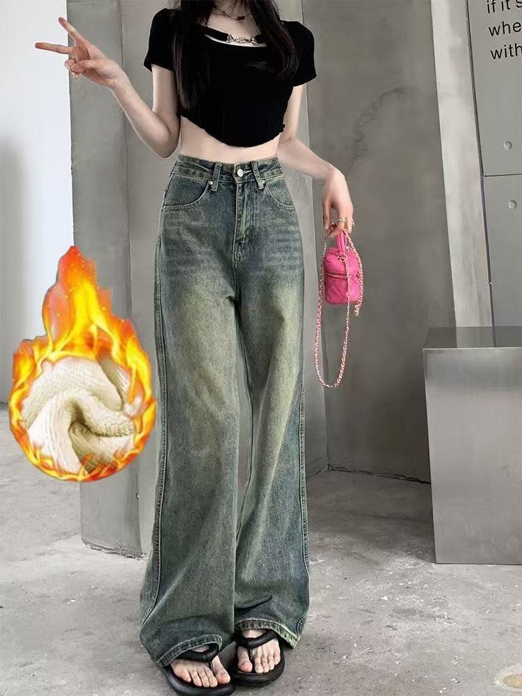 101-200 新款加绒加厚复古显瘦阔腿牛仔裤女秋冬宽松直筒拖地长裤