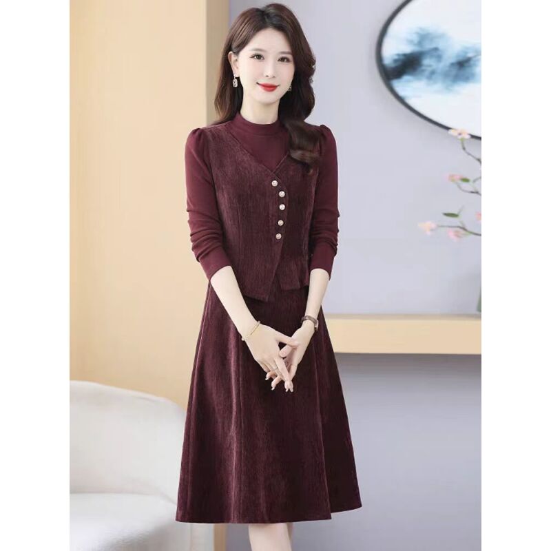 25110气质时尚假两件连衣裙新款半高领百搭修身显瘦优雅拼接