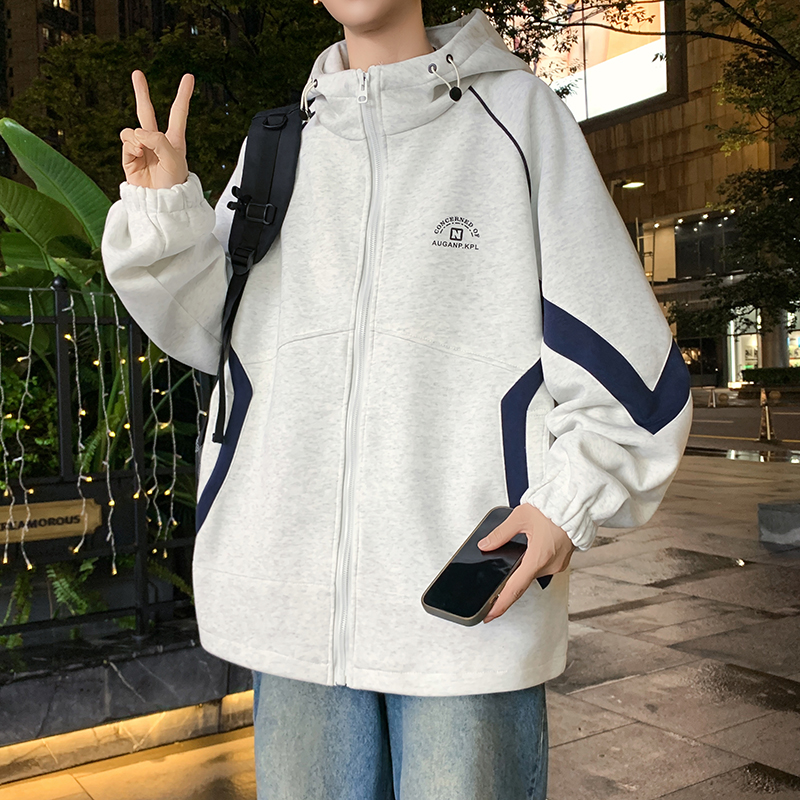 青少年秋季重磅连帽撞色针织外套港风帅气宽松潮流学生卫衣夹克男