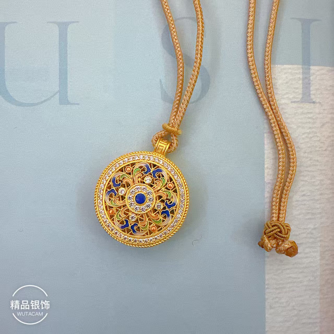 吊坠足银合成锆石 吊坠足银 足银999.9描金珐琅镶石如意吊坠纯银