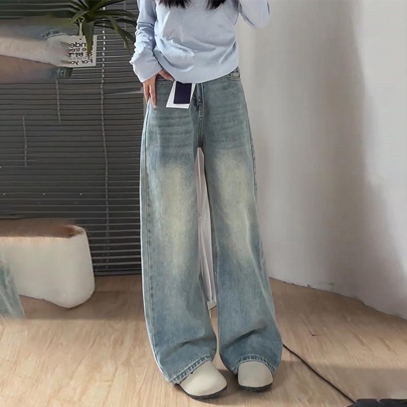 默认瑕疵牛仔裤女阔腿复古百搭夏季高街宽松韩版ins设计感水洗
