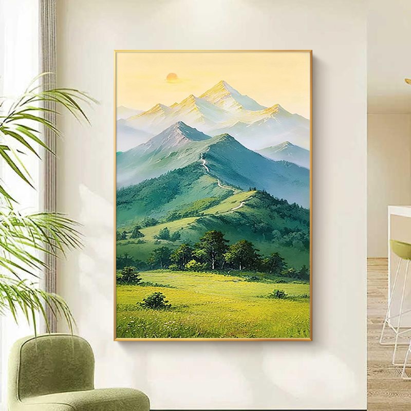 黄绿色抽象风景肌理手绘油画装饰画印象派客厅装饰壁画玄关挂画