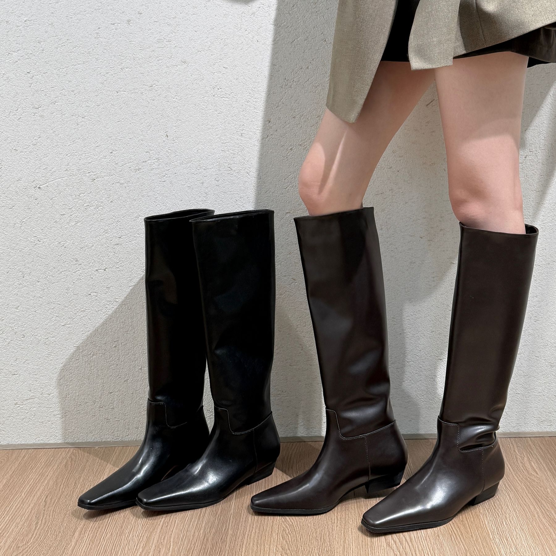 巨高级！极简方头粗跟不过膝长靴百搭直筒骑士靴低跟高筒女靴子