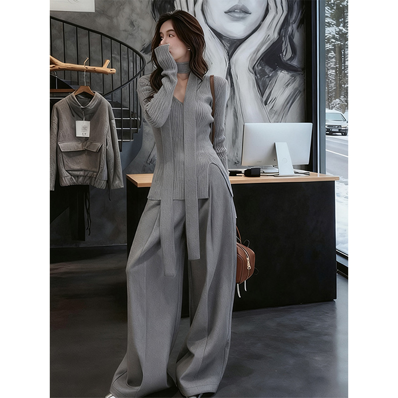 韩系大码灰色西装套装女2025高级感新款收腰阔腿裤两件套优雅