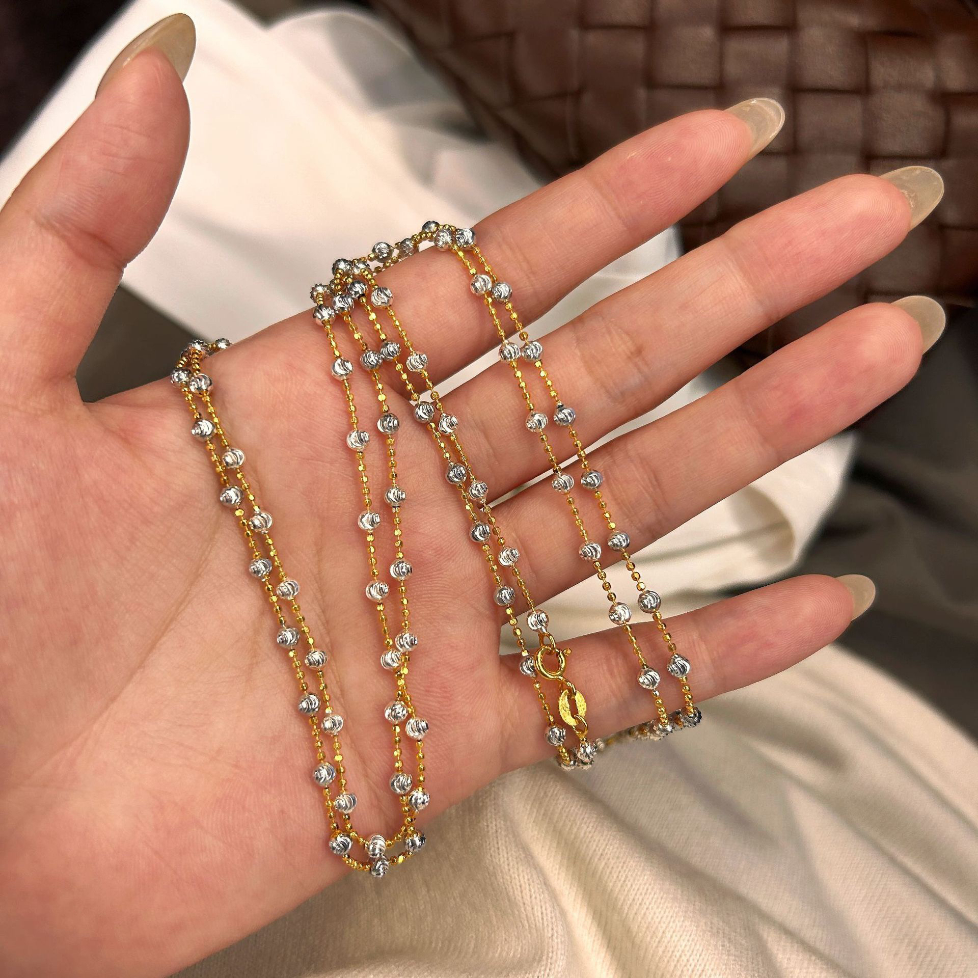 链子925银 撞色隔珠项链猫眼圆珠素链简约ins叠戴精致时尚锁骨链