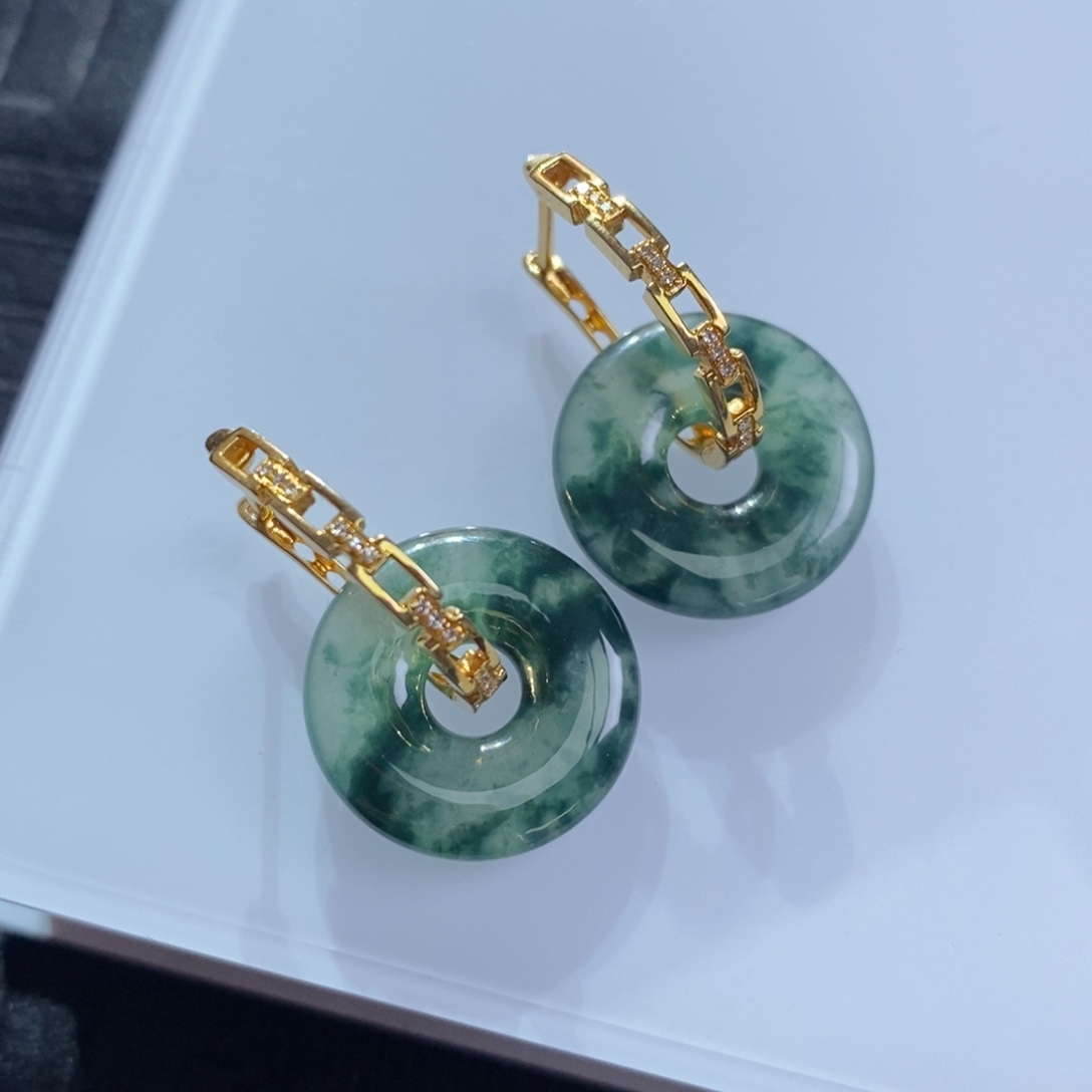 翡翠18K金镶嵌耳饰链条耳包➕甜甜圈