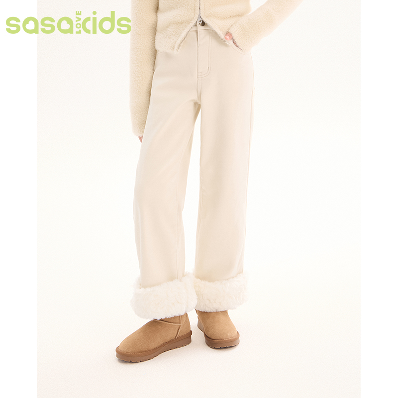 sasakids翻边毛边牛仔裤松紧腰头复合加绒加厚直筒裤九分裤女裤