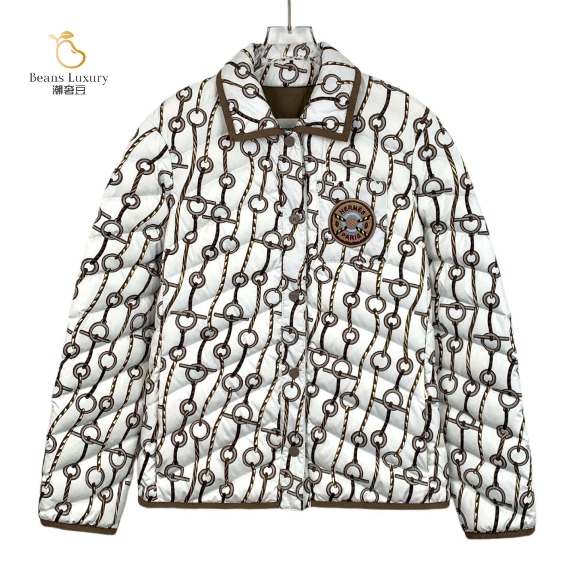 Hermes/爱马仕全新/潮奢豆 严选/拼色锁扣满印翻领羽绒服/X12725