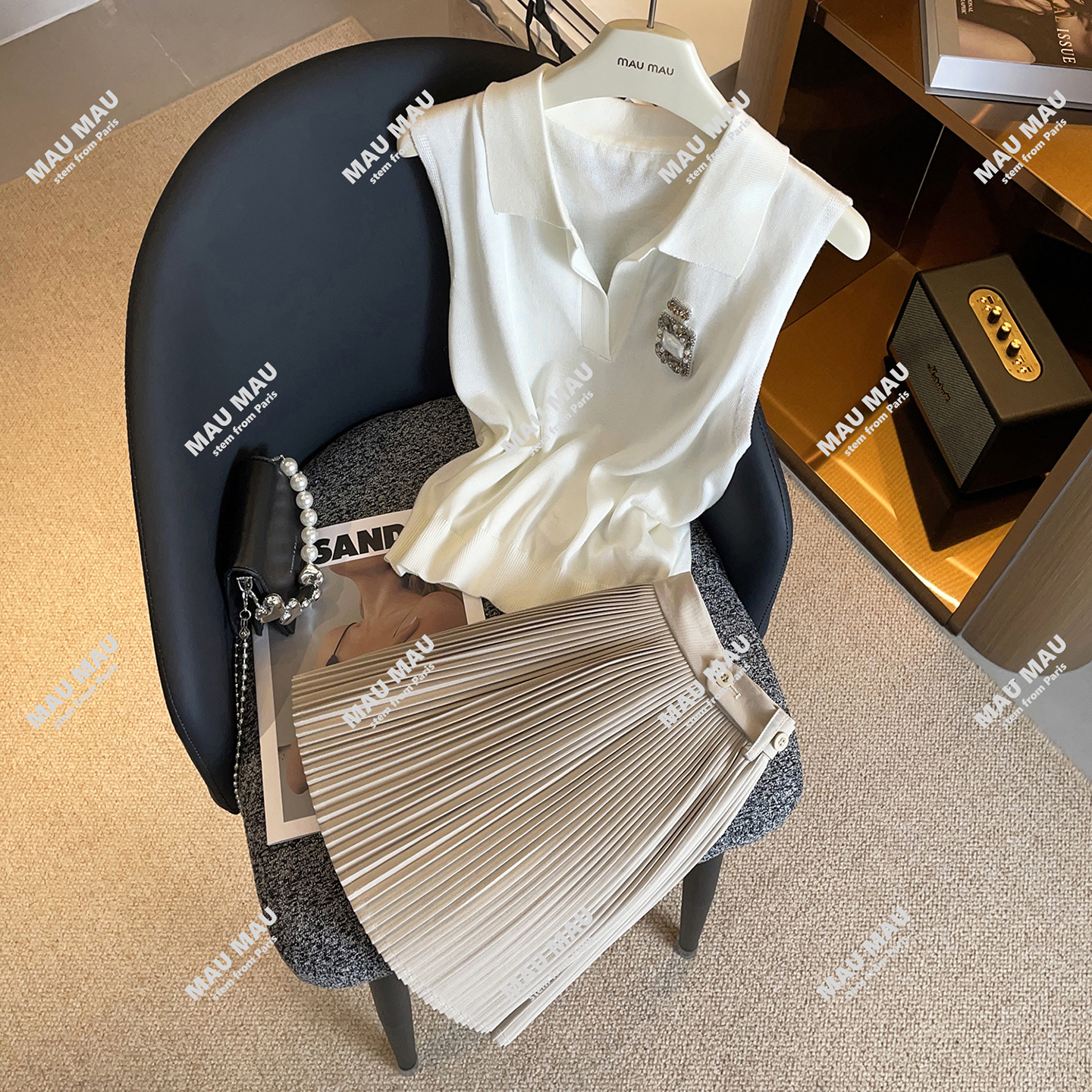 秋季新款高级法式时尚半开领针织马甲背心百褶半身裙套装女DY8067