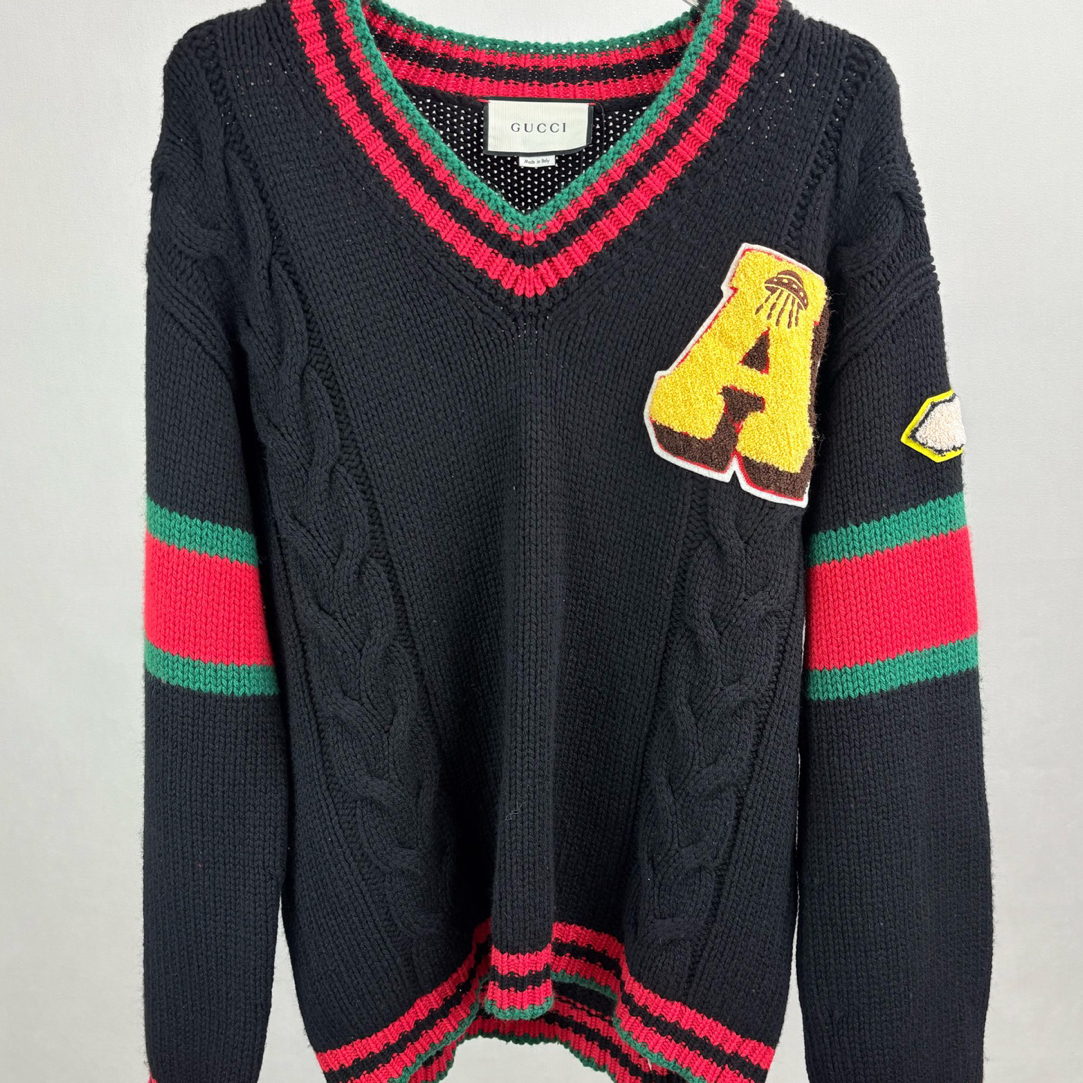 99新 GUCCI/古驰 GUCCI古驰拼色V领羊毛毛衣S码15524
