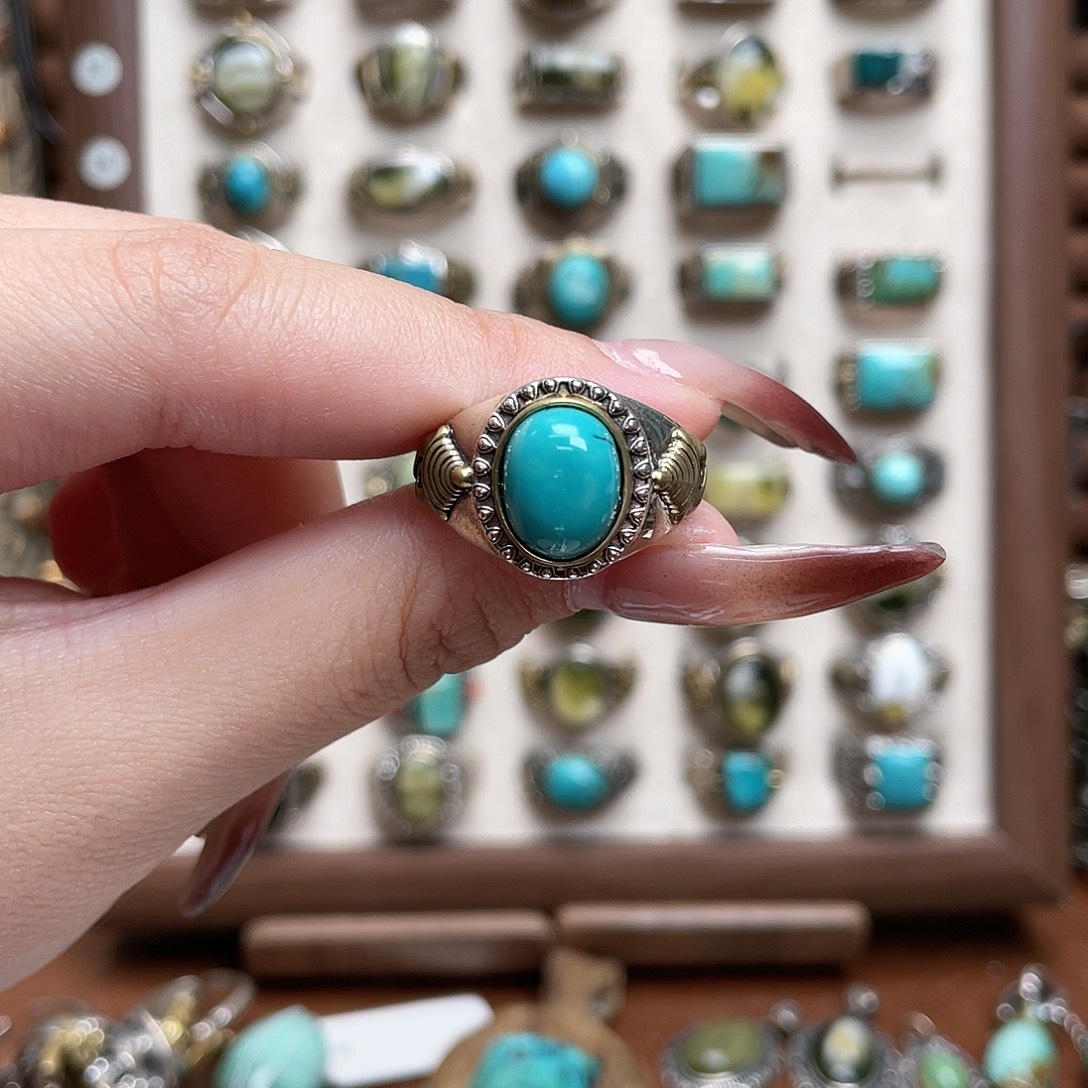 绿松石银S925镀金镶嵌戒指