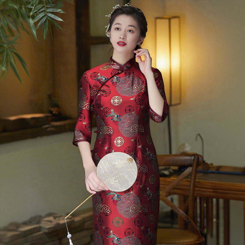喜婆婆旗袍秋季2025年新款中国风红色提花日常改良妈妈装268029