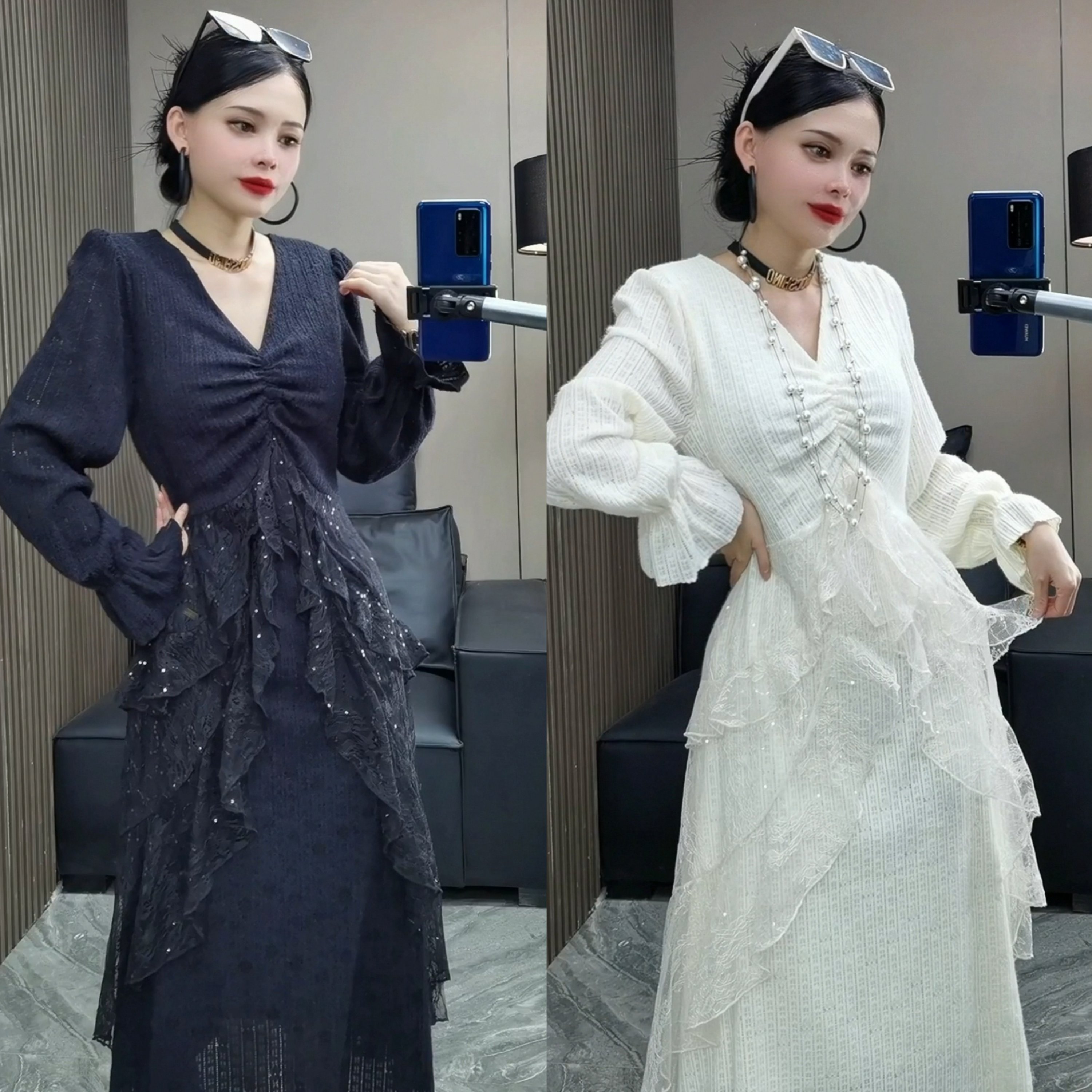 7231#Yr法式高级感针织拼接蕾丝连衣裙秋冬款温柔风V领穿片长裙