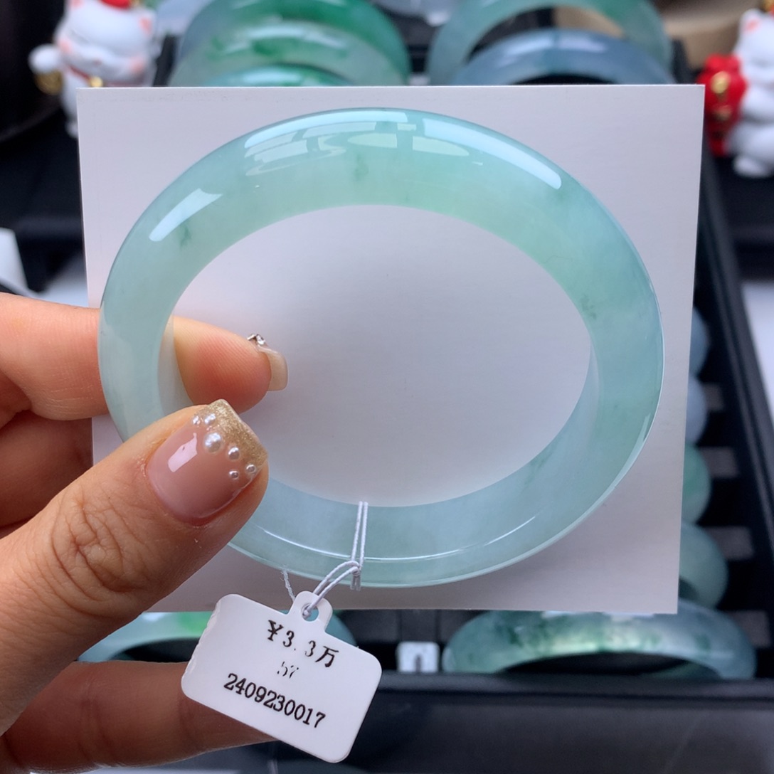 翡翠手镯未镶嵌57冰甜绿正圈