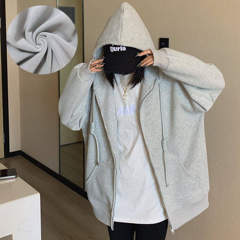 【加绒加厚】宽松重磅高品质沐棉休闲外套百搭连帽卫衣拉链开衫女冬