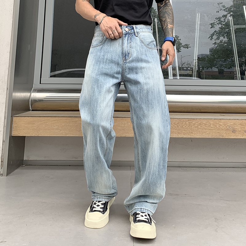 THIS WOW夏季高端潮牌水洗冰蓝浅色宽松直筒牛仔裤男士百搭休闲裤