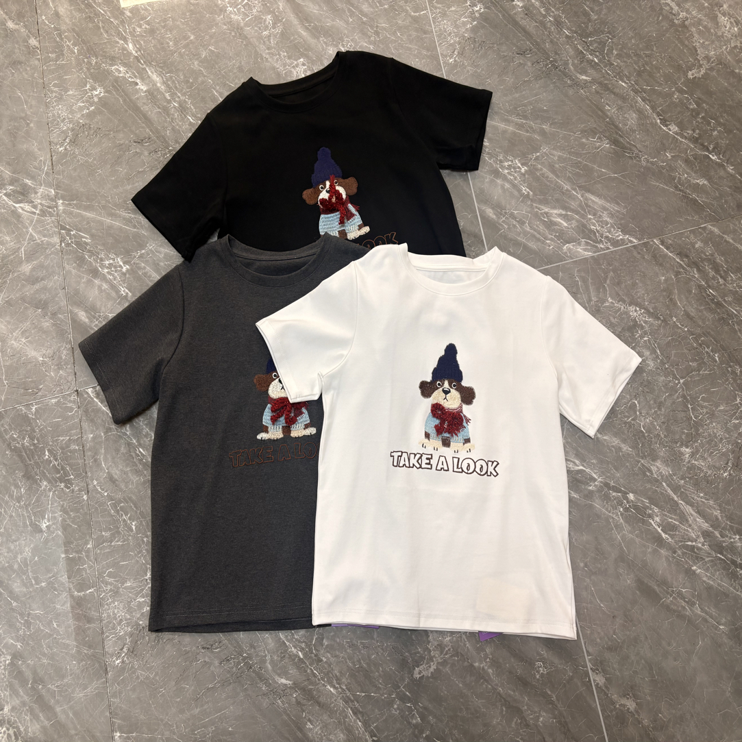 A257058韩系磨毛小狗刺绣短袖T恤女秋冬洋气百搭内搭上衣