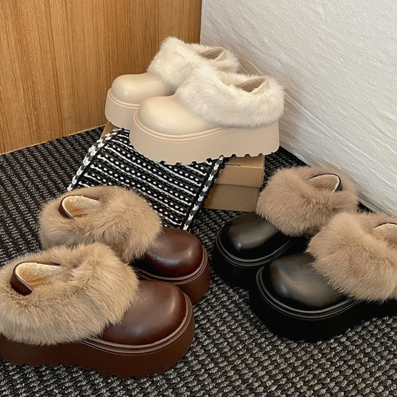 7CM～小个子厚底皮面简约百搭毛毛鞋女冬2025新款加绒一脚蹬棉鞋