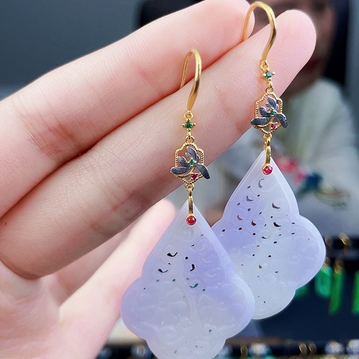 翡翠耳饰银S925镶嵌饰品