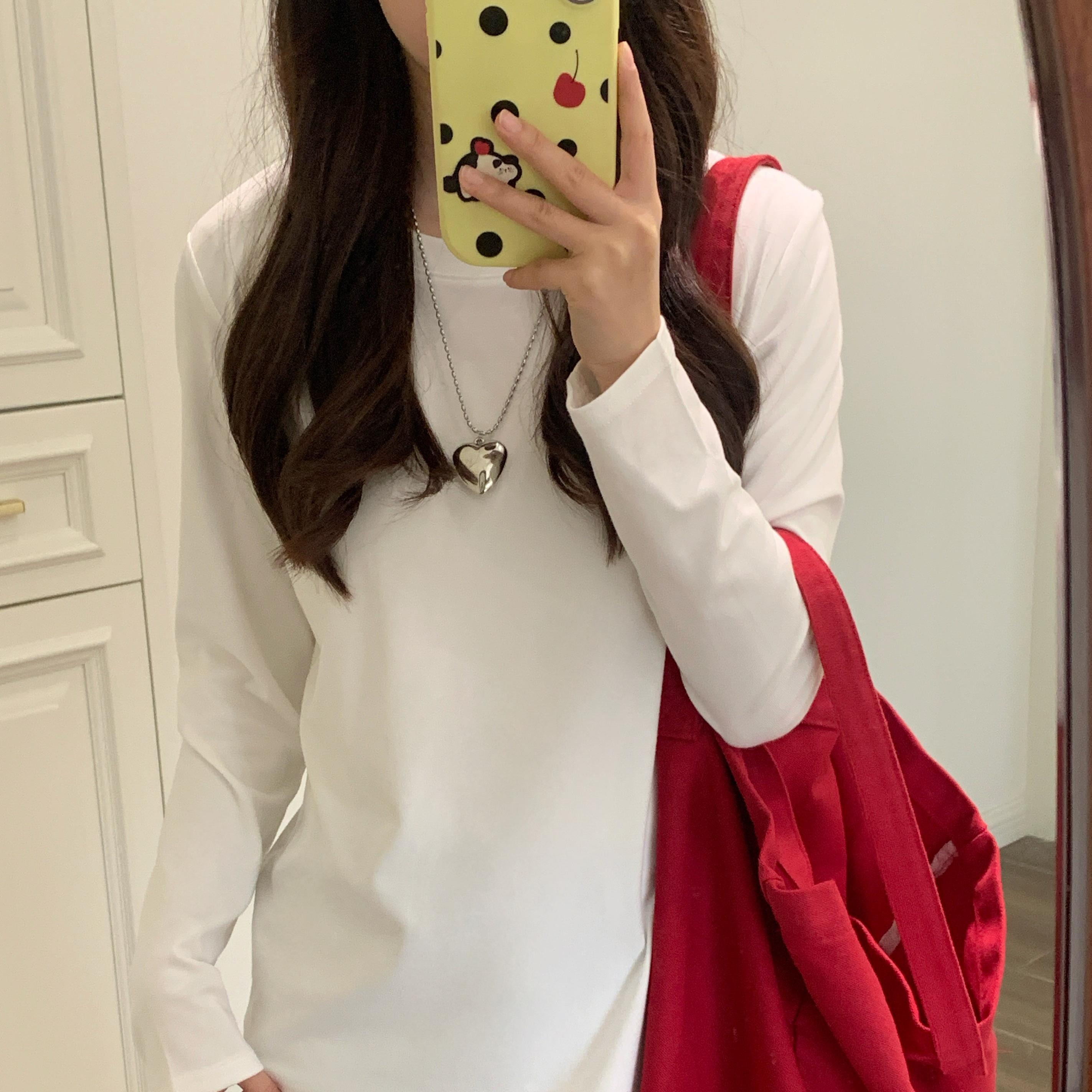 心蓝家 白色基础款百搭t恤女早秋宽松圆领打底衫小个子长袖穿搭xs