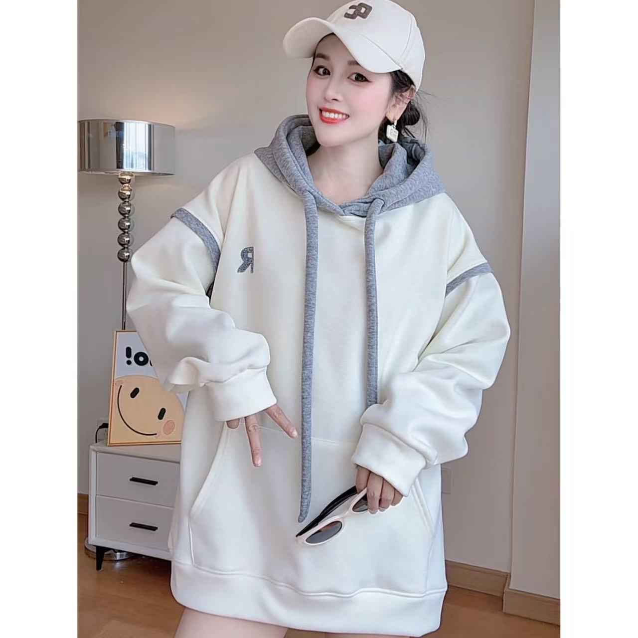 冬季新款连帽宽松套头刺绣字母加绒卫衣2025大版型慵懒风帽衫5040