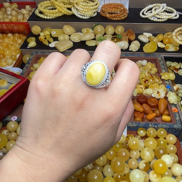 蒙***艺蜜蜡未镶嵌珠宝奇石天然蜜蜡铜镶嵌戒指