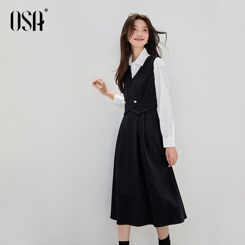 OSA/欧莎 法式假两件背心连衣裙女修身显瘦叠穿长裙S125C13010