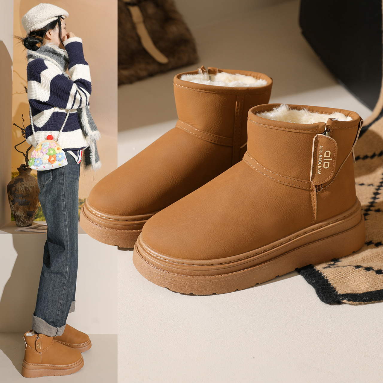 侧拉链圆头2025冬季防滑防水保暖中筒时尚雪地靴靴子短筒