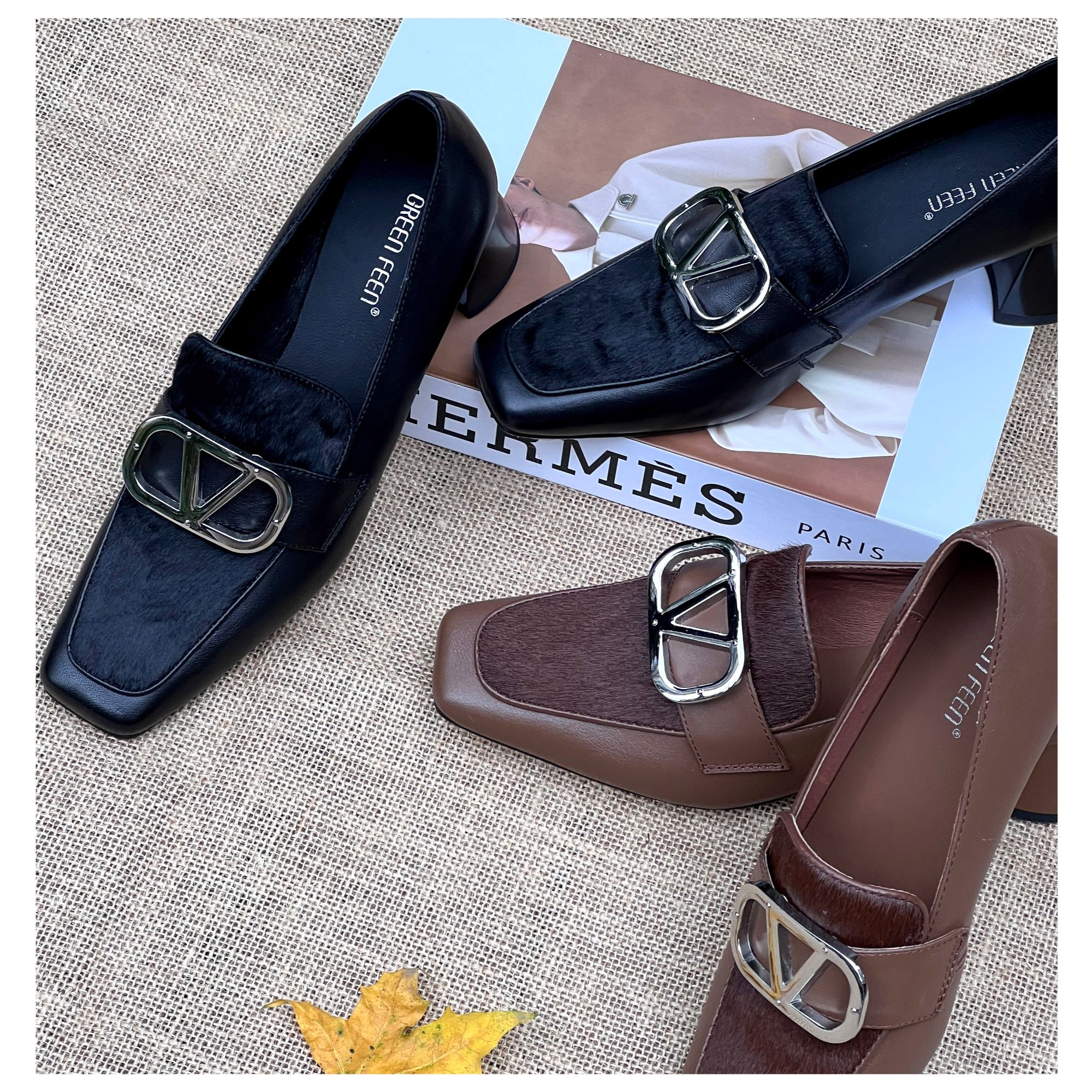 LUCKY JULY时尚百搭真皮软底女鞋中跟方头粗跟英伦风休闲女士单鞋