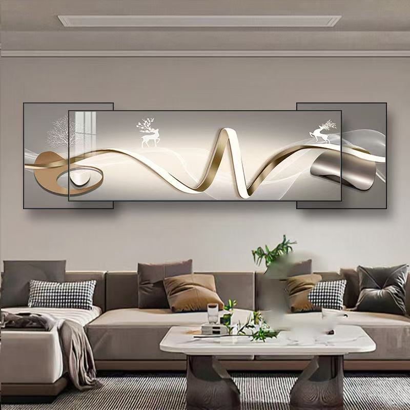 客厅2+1画中画；轻奢客厅大气背景挂画壁画高档感晶瓷镶钻装饰画