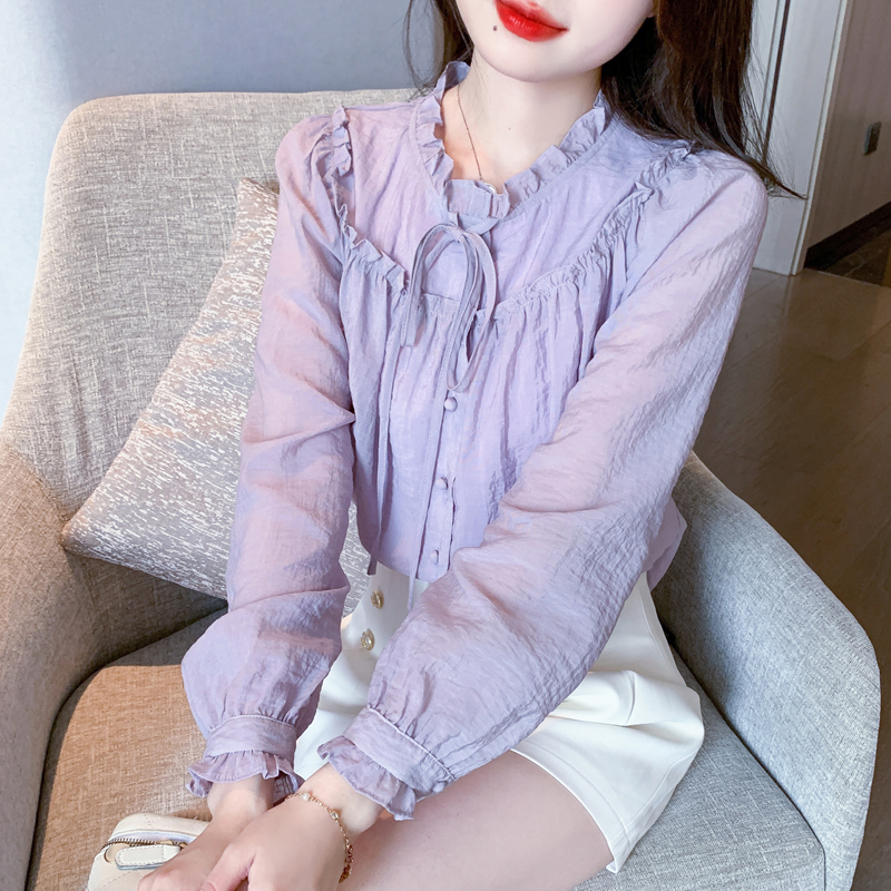 春秋季2025年新款紫色木耳边蝴蝶结雪纺衬衫女装温柔气质上衣衬衣
