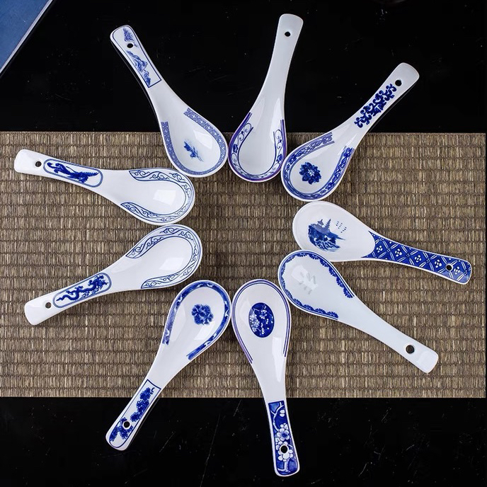 景德镇高温釉下彩青花瓷调羹家用饭勺酒店饭店小汤勺拉面勺子防烫