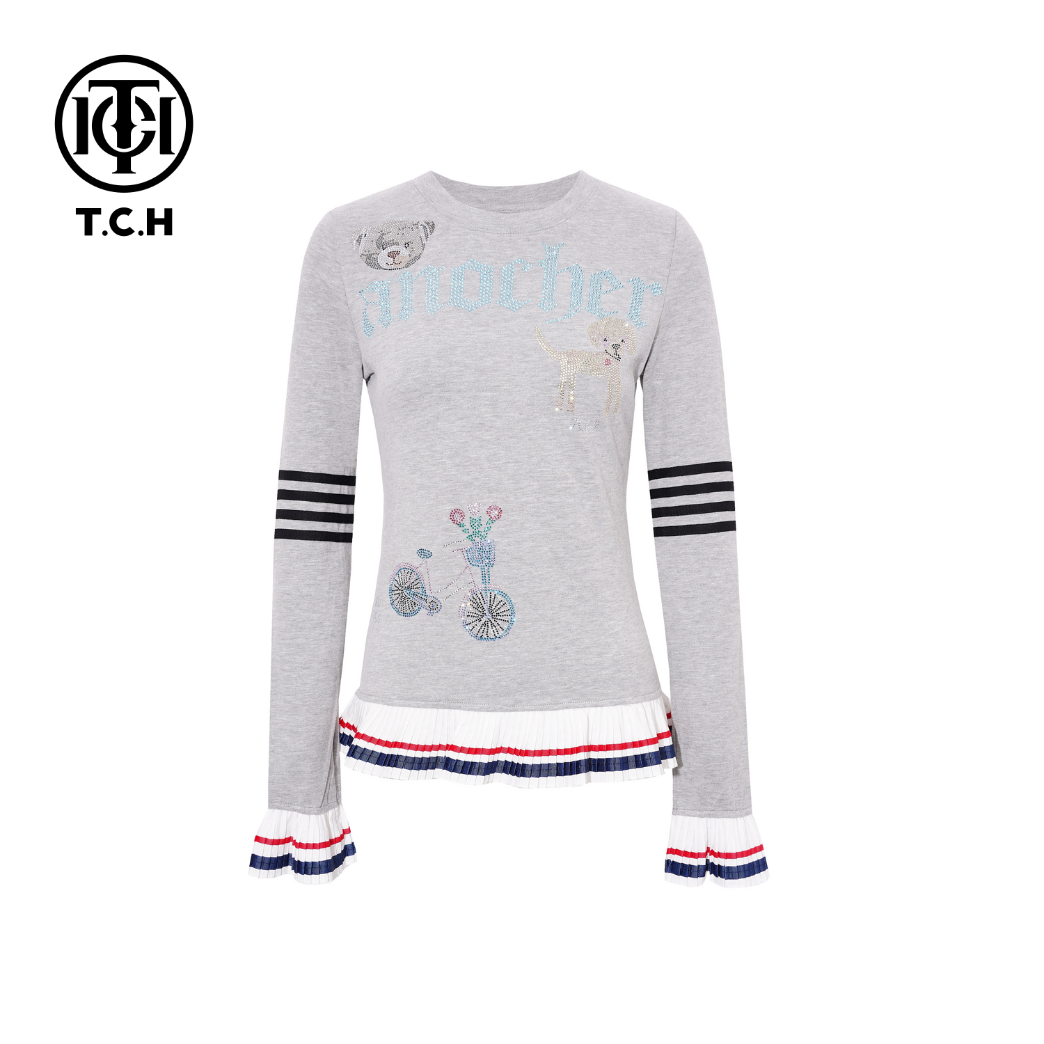 TCH【时尚百搭】冬款时尚烫钻灰色休闲风女装长袖T恤T75D08E1007