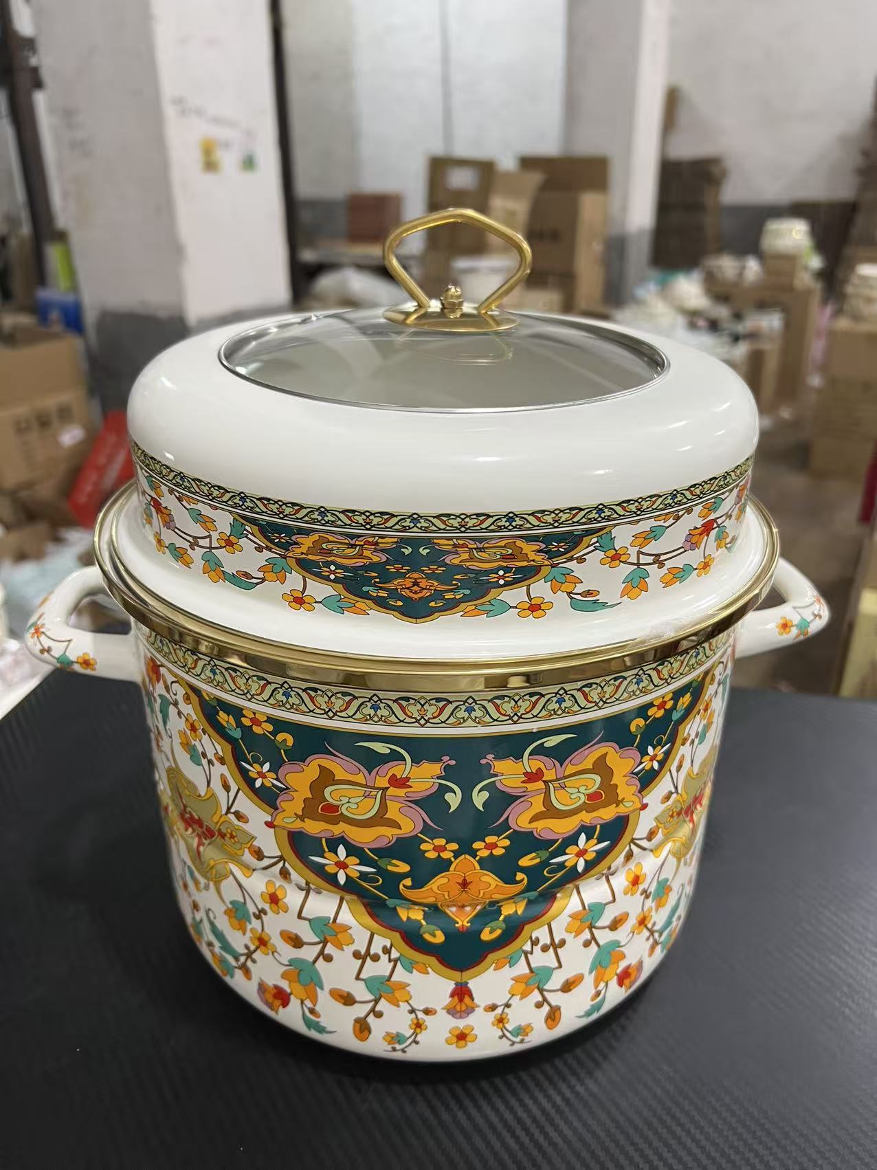 出口26公分俄罗斯花搪瓷双层蒸锅