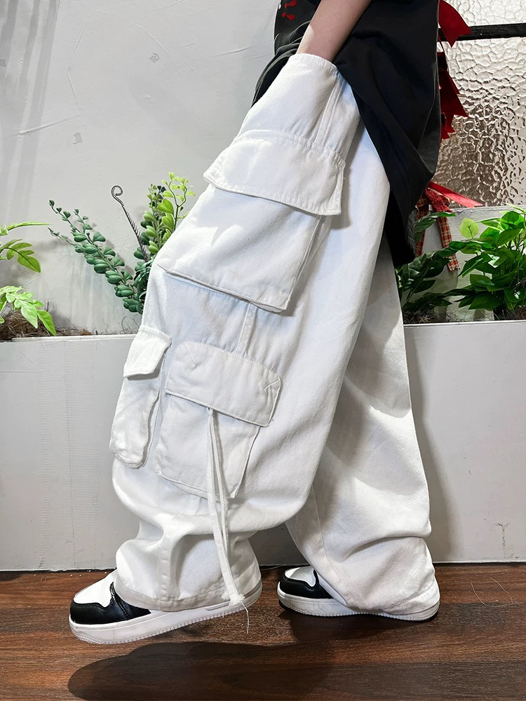 夏季宽松韩版阔腿长裤百搭工装裤棉麻休闲飘带裤潮流