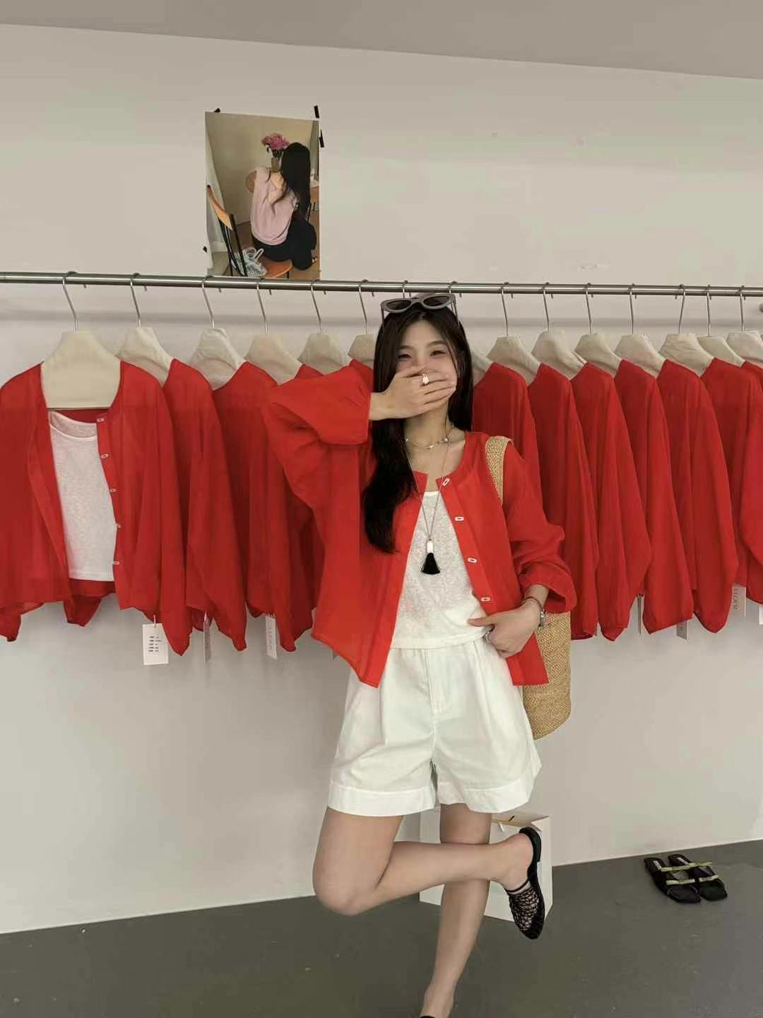 头花两件套上衣，黄色蓝色