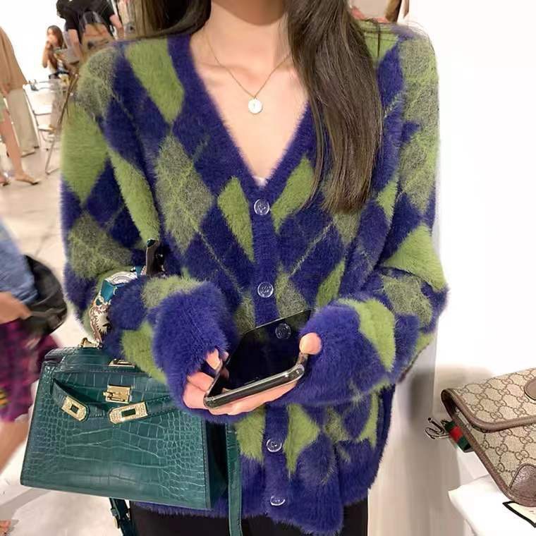 毛衣外套V领韩版菱形格子宽松外穿慵懒风针织上衣厚款气质落肩袖