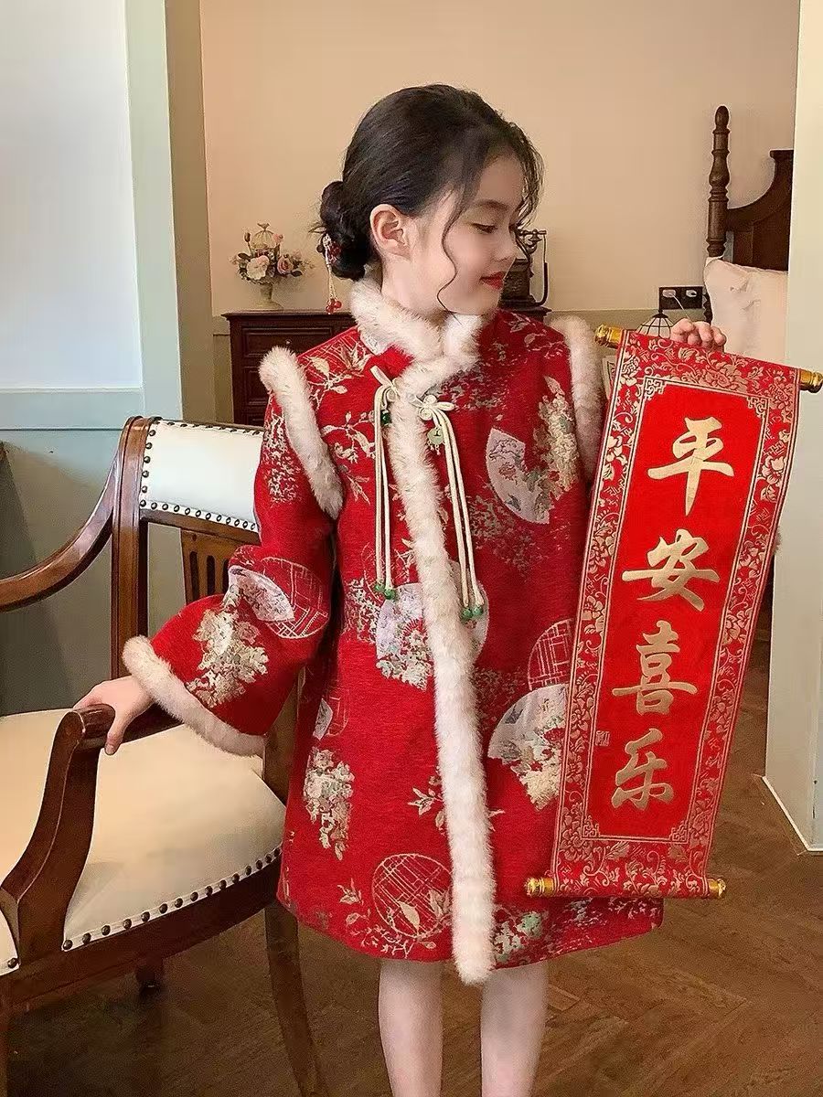 女童拜年大汉服冬装加厚唐装旗袍大童秋冬独特漂亮微胖女孩穿搭高