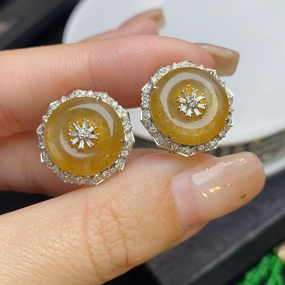 翡翠18K金镶嵌耳饰正冰玻璃底黄翡甜甜圈耳拍