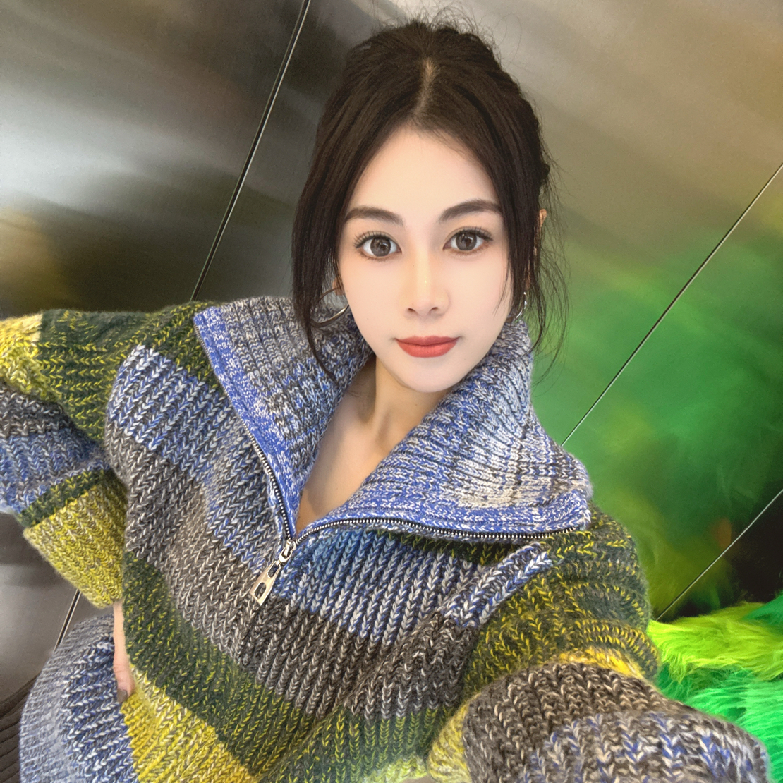 ATANI设计感彩织拉链针织衫