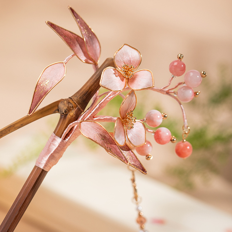 古风粉色手工非遗绒花复古发簪竹簪汉服头饰发饰