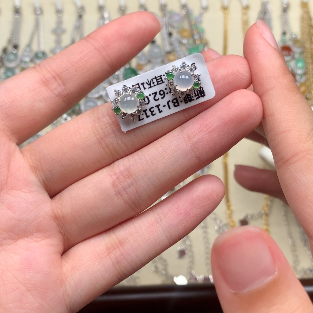 翡翠银S925镶嵌戒指耳钉