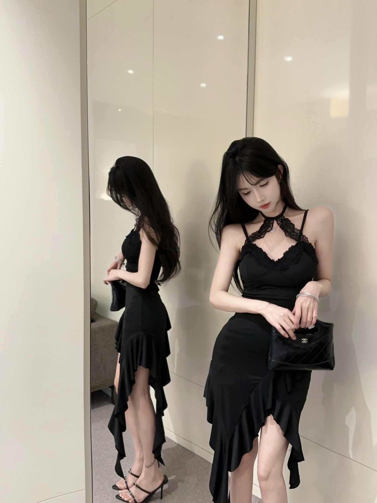 性感纯欲收腰修身网纱包臀连衣裙【E】时尚辣妹蕾丝短款