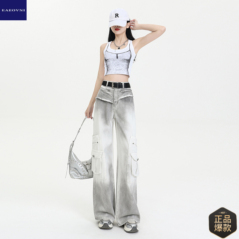 208美式工装牛仔裤女2025春季高腰宽松扎染设计感显瘦阔腿拖地裤