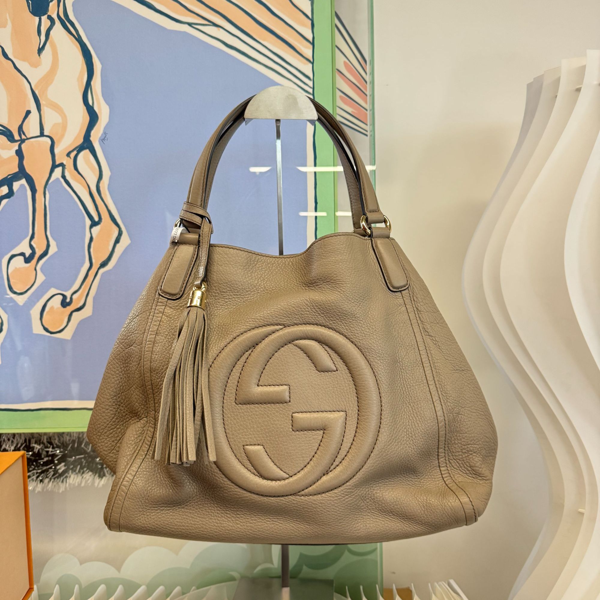 95新 GUCCI/古驰 灰色皮革流苏/单肩包/4553