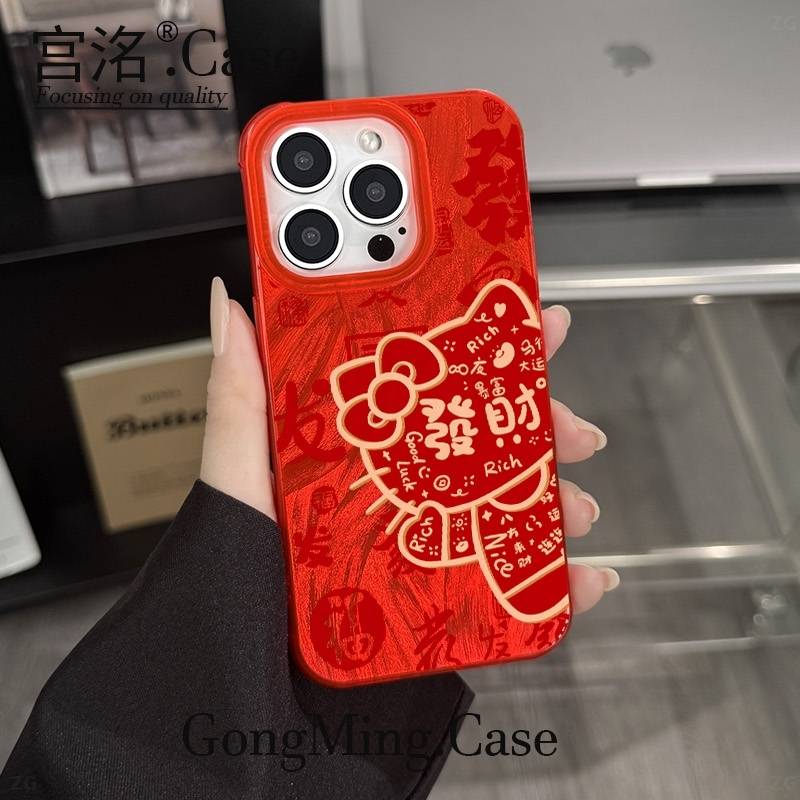 金线红KT发字大孔羽纱壳适用于iPhone苹果17手机壳华为oppo小米手