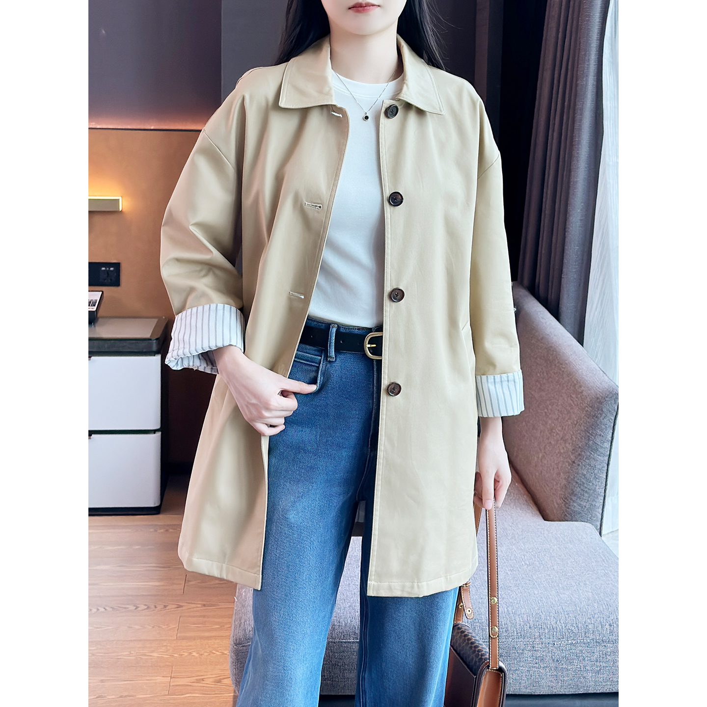 左左家 B家英伦风~高支高密抗皱棉通勤翻领小个子中长款风衣外套