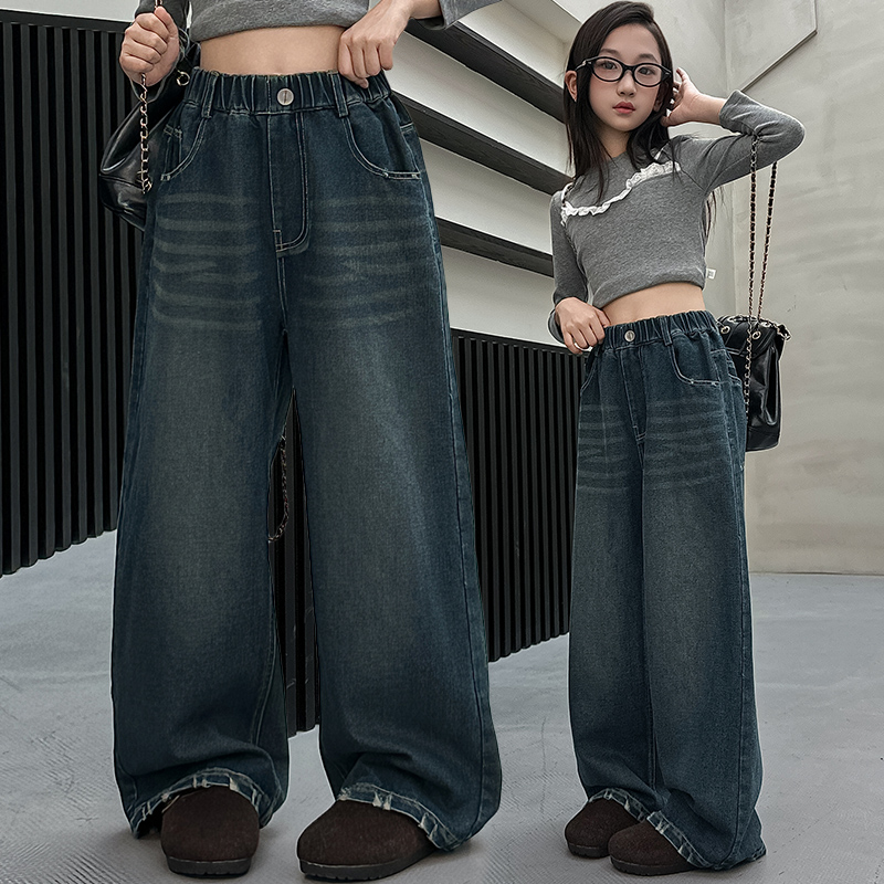 阔腿裤秋季新款女高腰中大童显瘦牛仔裤春秋裤子