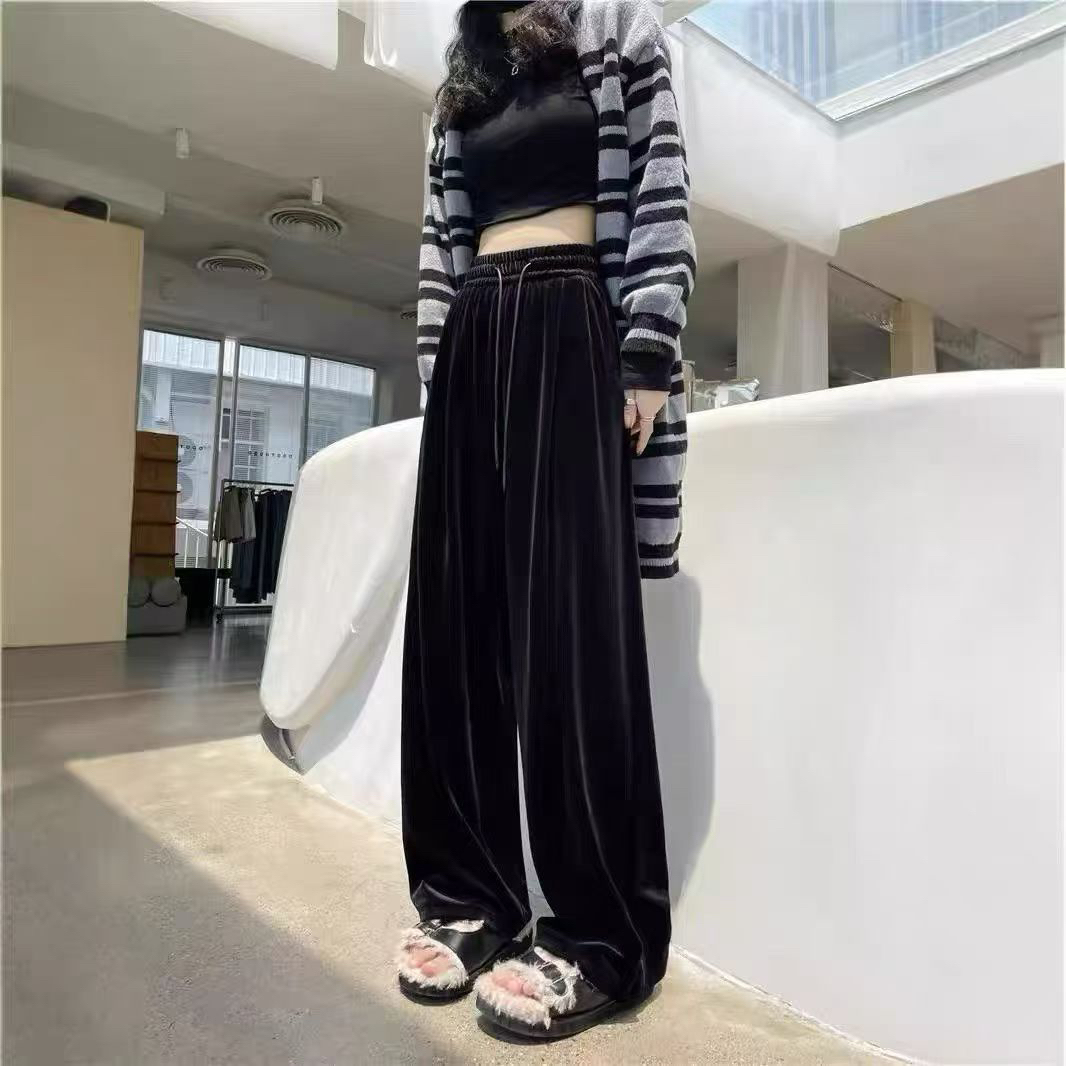 丝绒高腰阔腿拖地裤秋冬女款加厚绒休闲裤